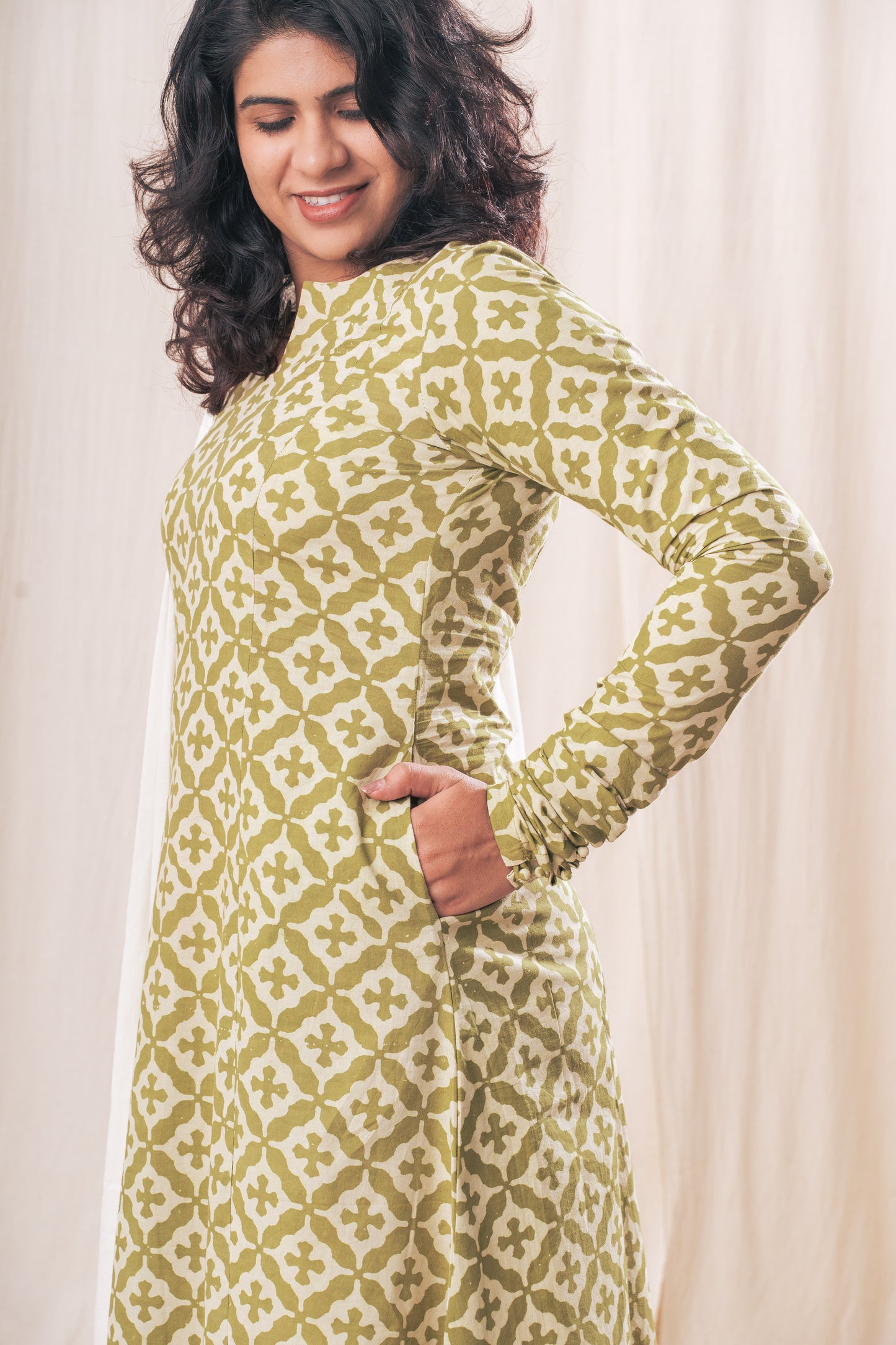 Green Dabu Churi sleeve Kurta