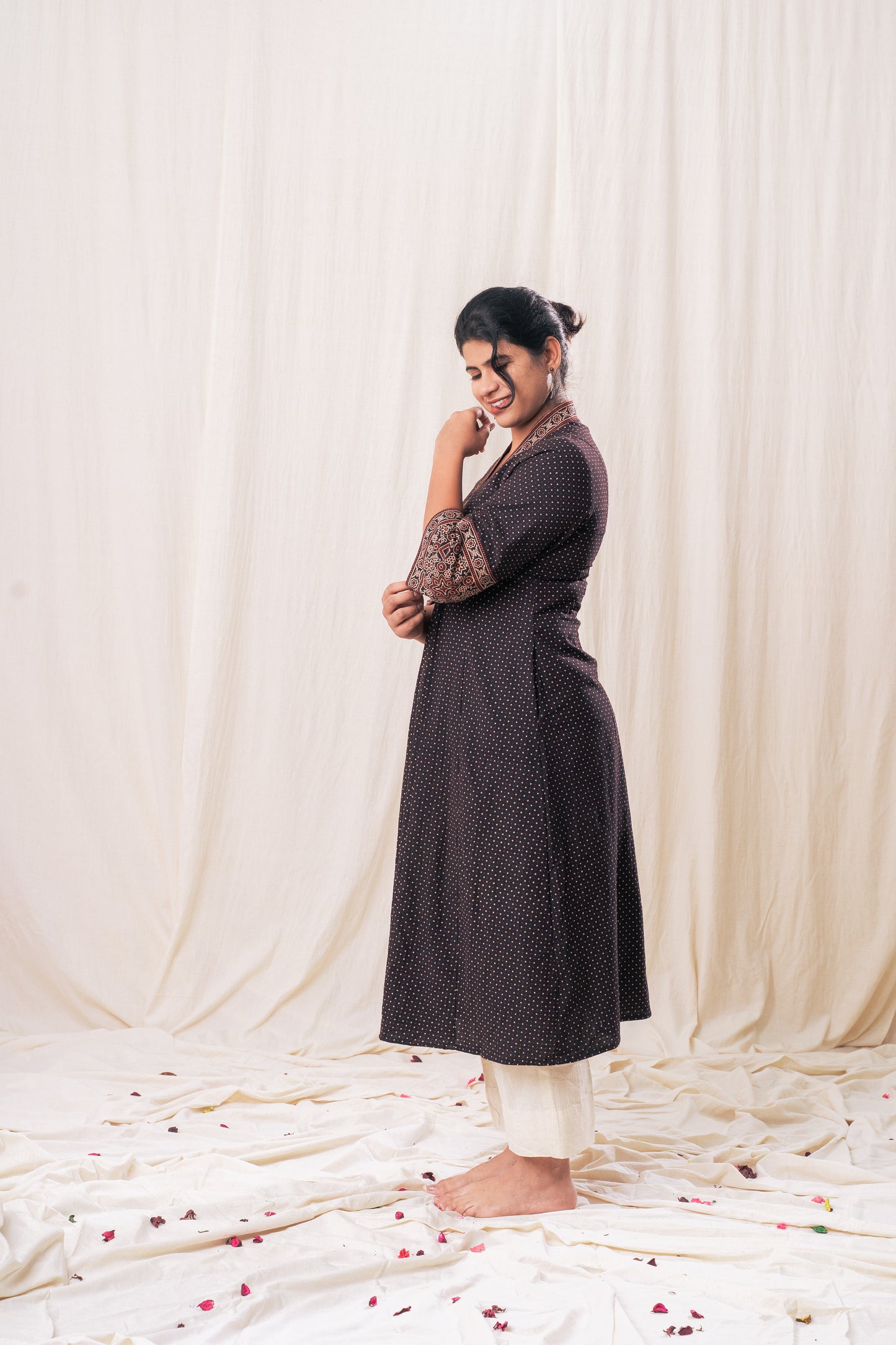 V neck Ajrakh polka Gathered Set