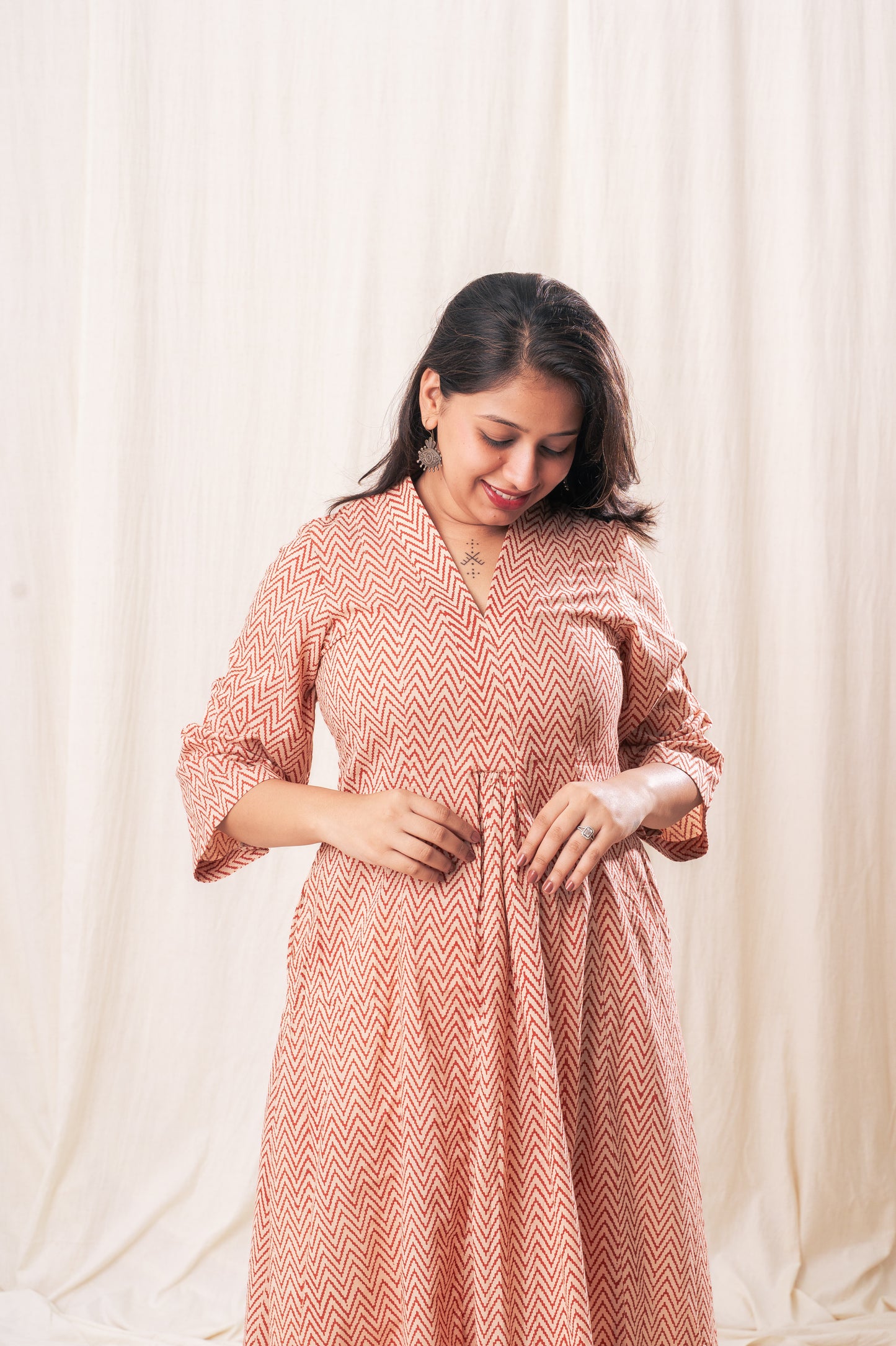 V neck Zig Zag Gathered Set