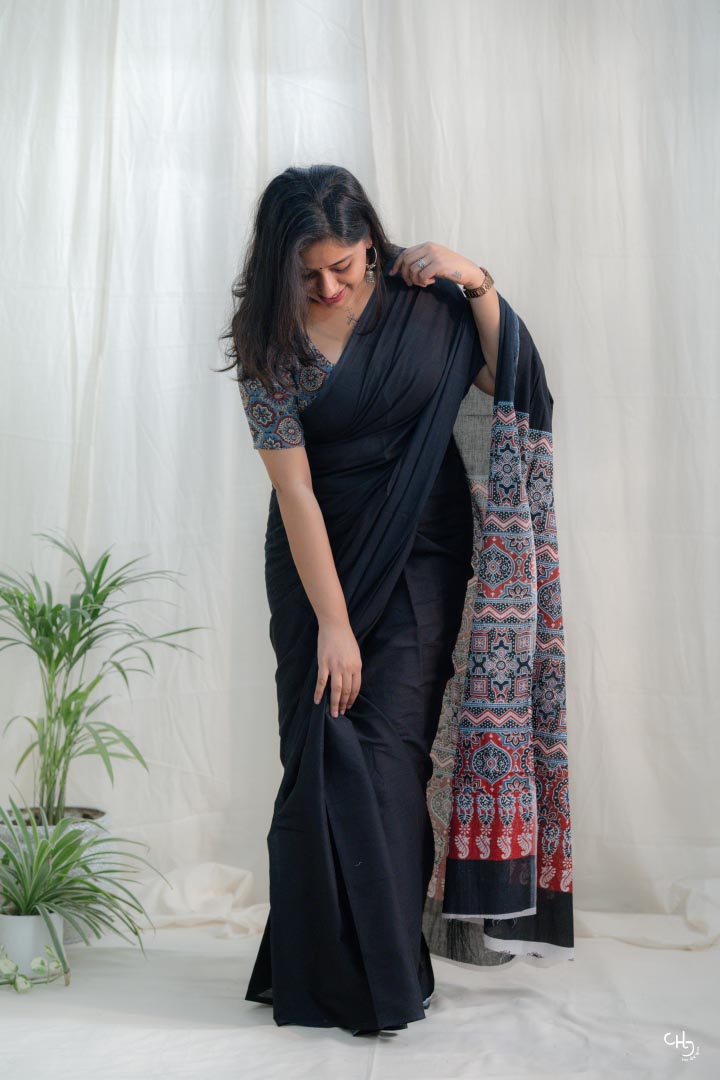 Black ajrakh pallu saree