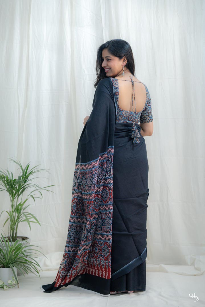 Black ajrakh pallu saree