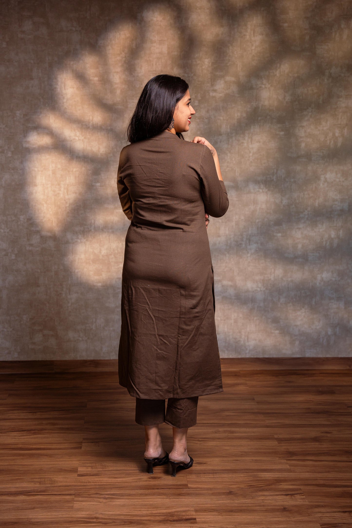 Brown Stand Collar Straight Kurta Set