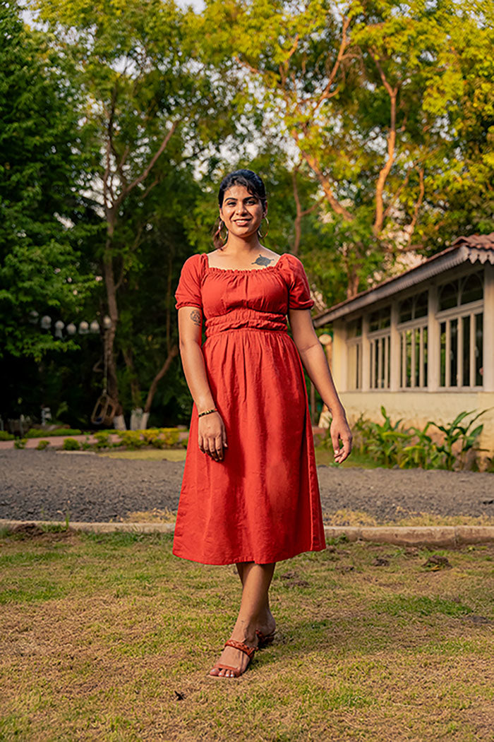 Rust Dress With Puff Sleeves