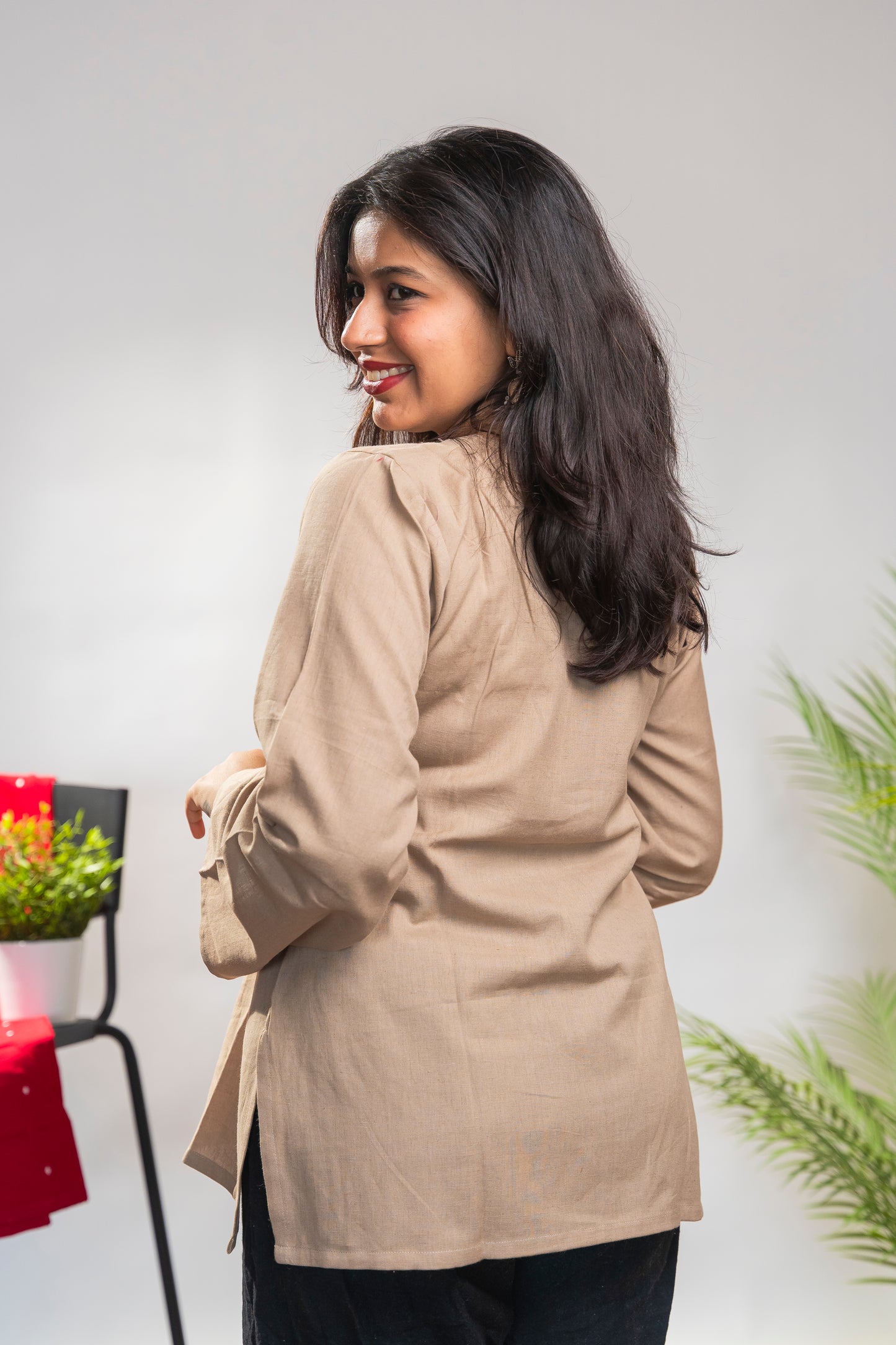 Beige Short Kurti with full sleeves