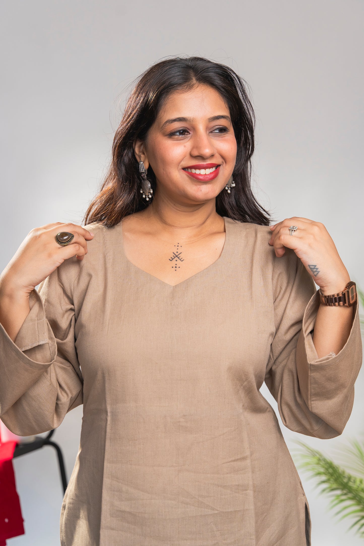 Beige Short Kurti with full sleeves