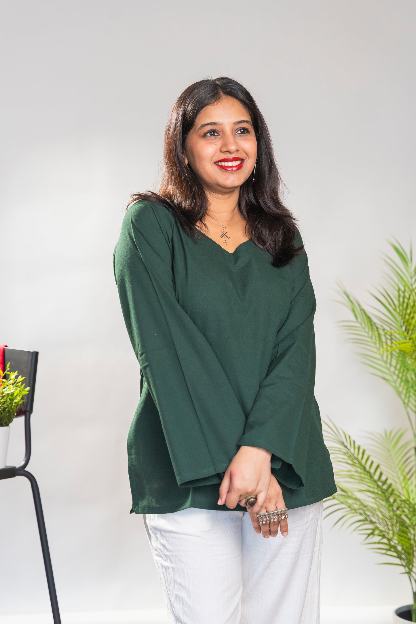 Bottle Green Short Kurti with full sleeves