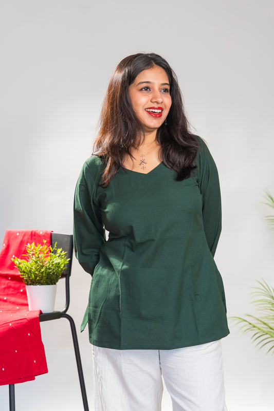 Bottle Green Short Kurti with full sleeves