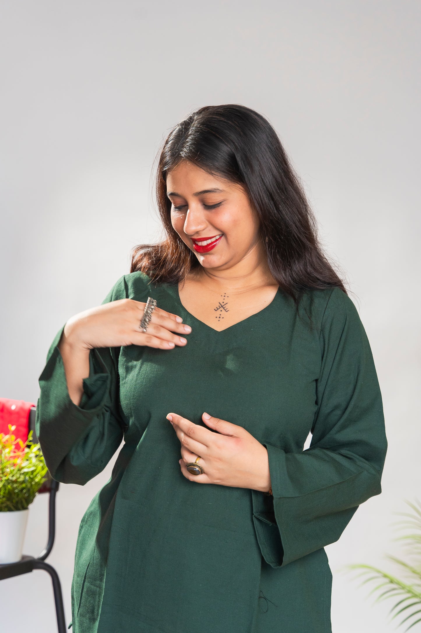 Bottle Green Short Kurti with full sleeves