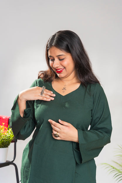 Bottle Green Short Kurti with full sleeves