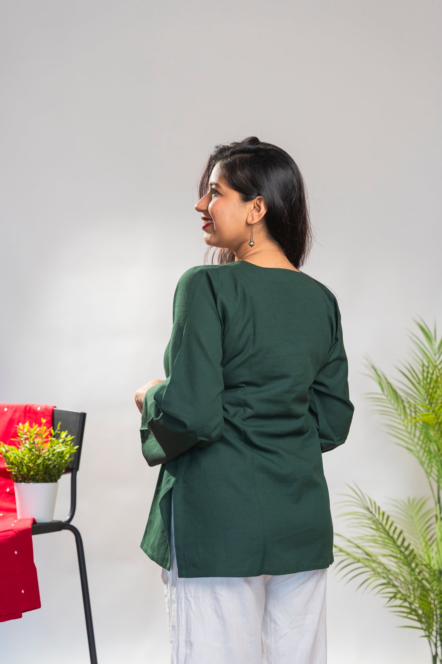 Bottle Green Short Kurti with full sleeves