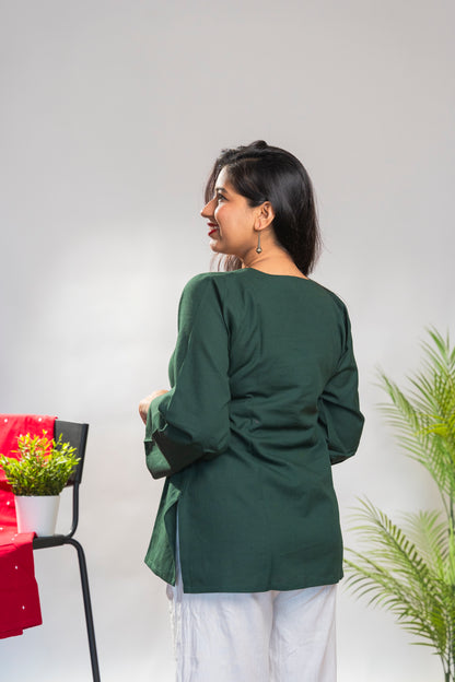 Bottle Green Short Kurti with full sleeves