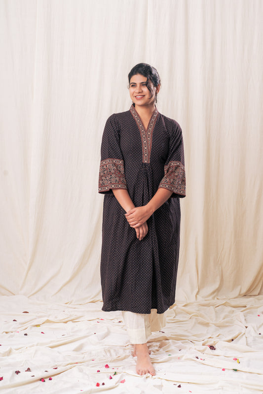 V neck Ajrakh polka Gathered Set