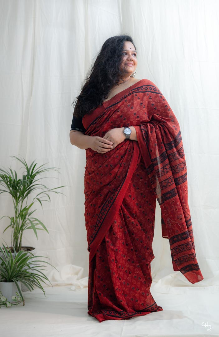 Red handblock saree