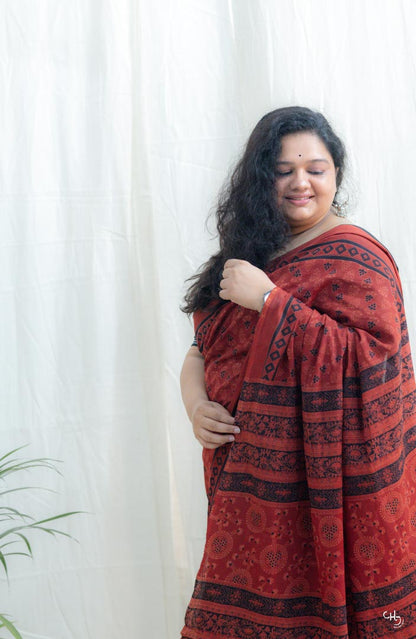 Red handblock saree