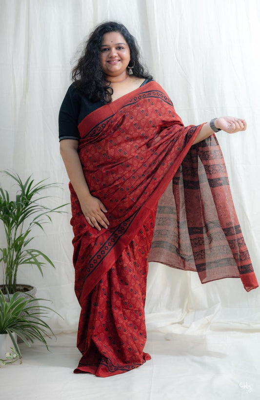 Red handblock saree