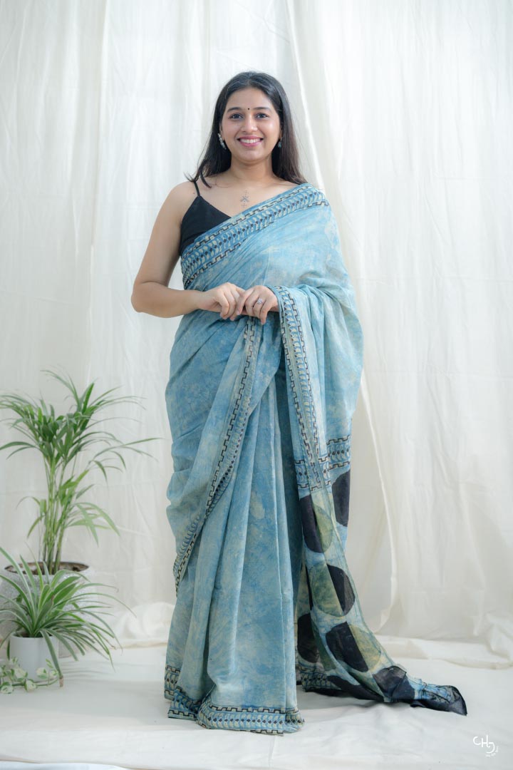 earthy blue and green saree