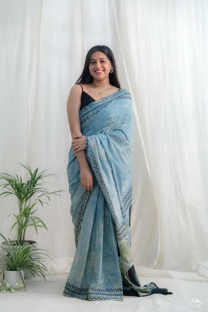 earthy blue and green saree