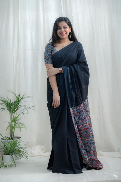 Black ajrakh pallu saree