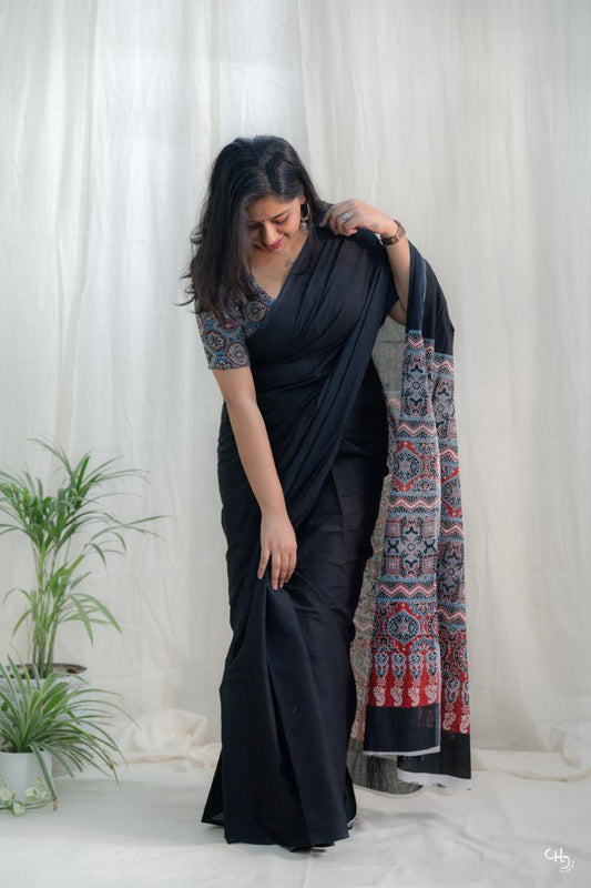 Black ajrakh pallu saree