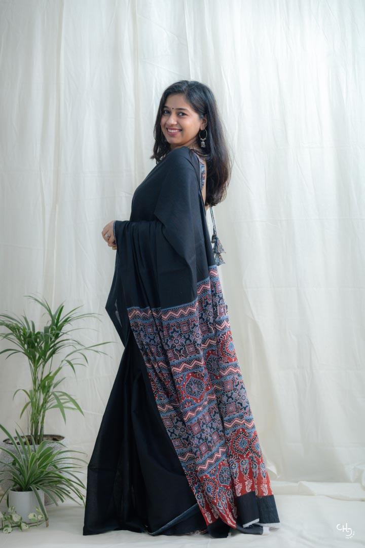 Black ajrakh pallu saree