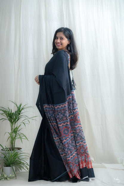 Black ajrakh pallu saree
