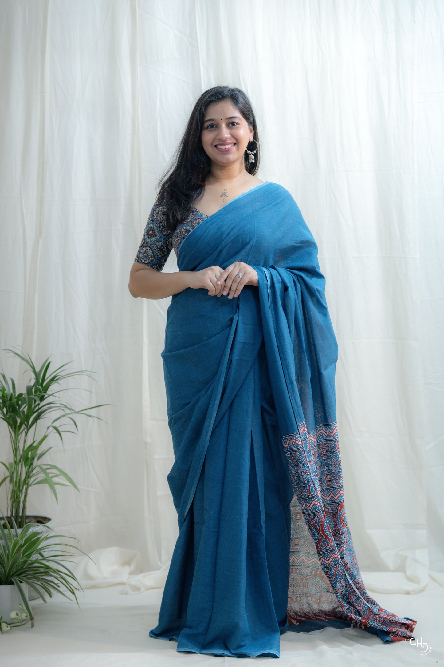 Blue ajrakh pallu saree