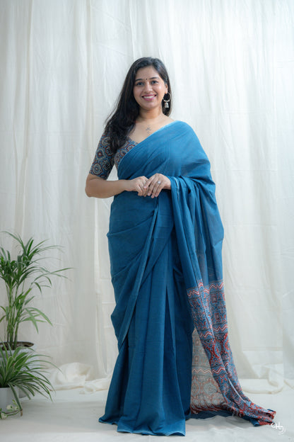 Blue ajrakh pallu saree