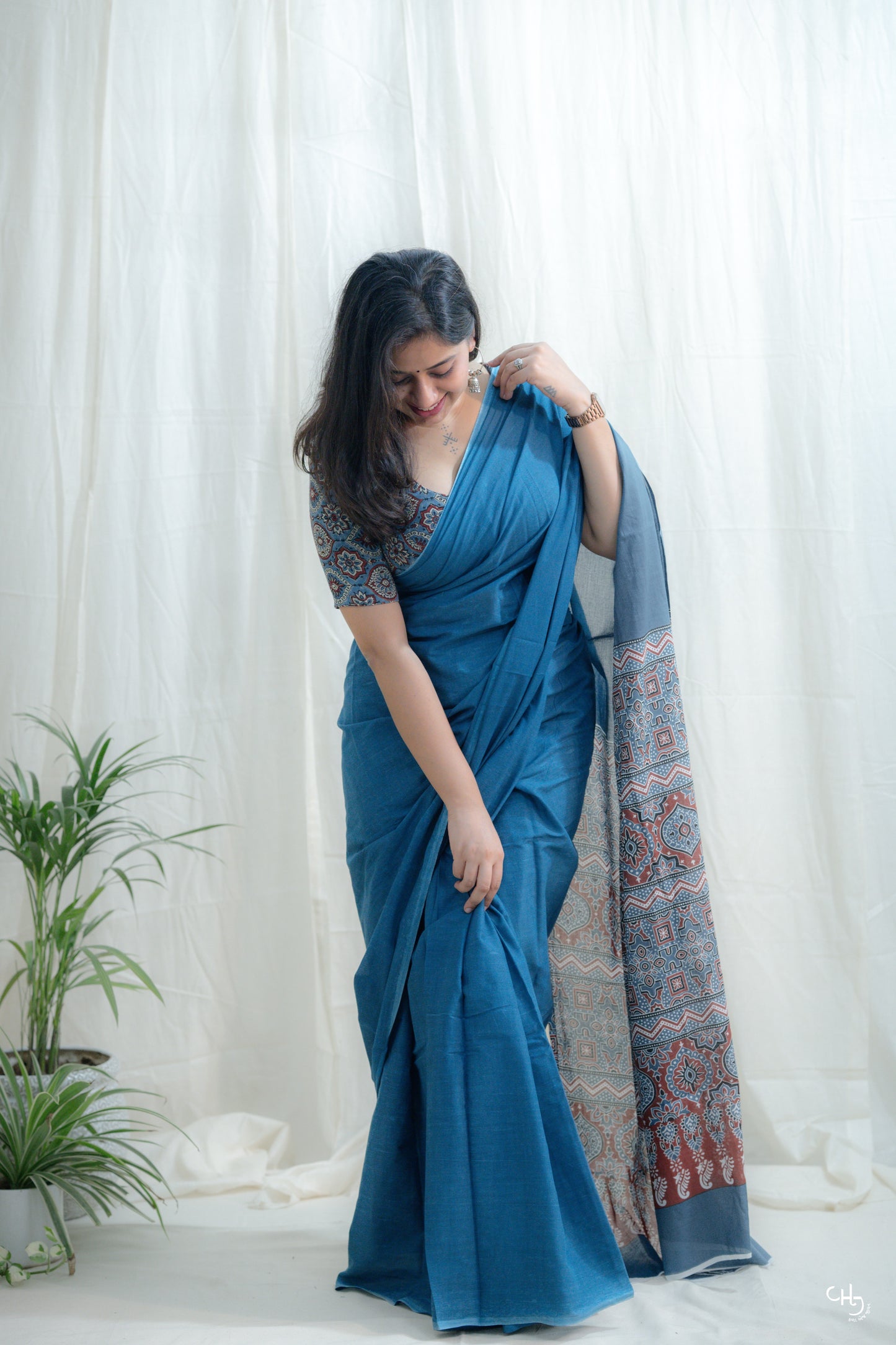 Blue ajrakh pallu saree