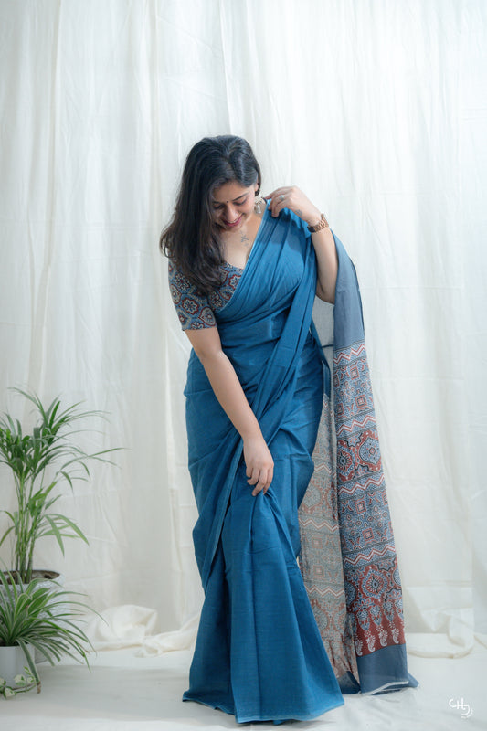 Blue ajrakh pallu saree