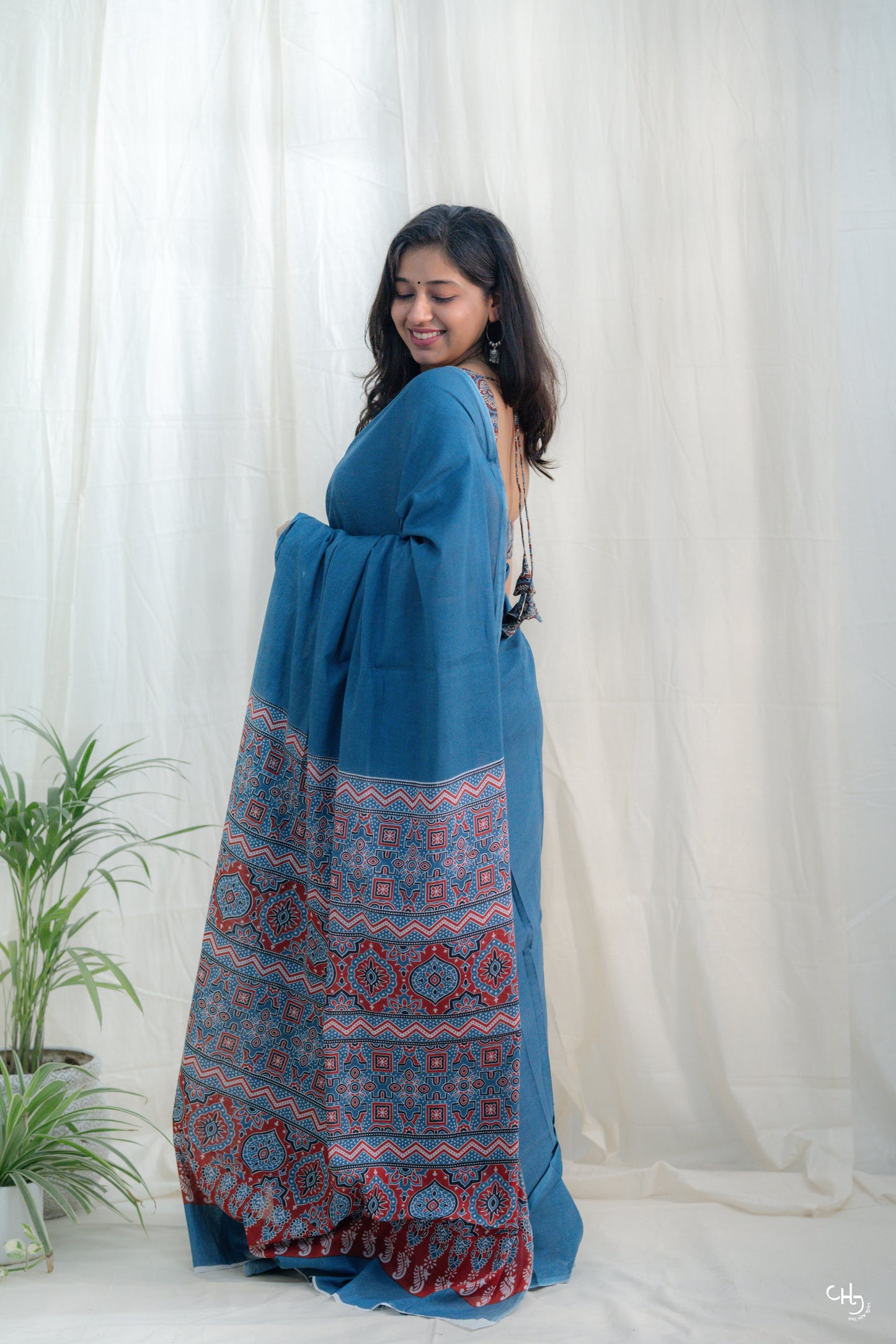 Blue ajrakh pallu saree