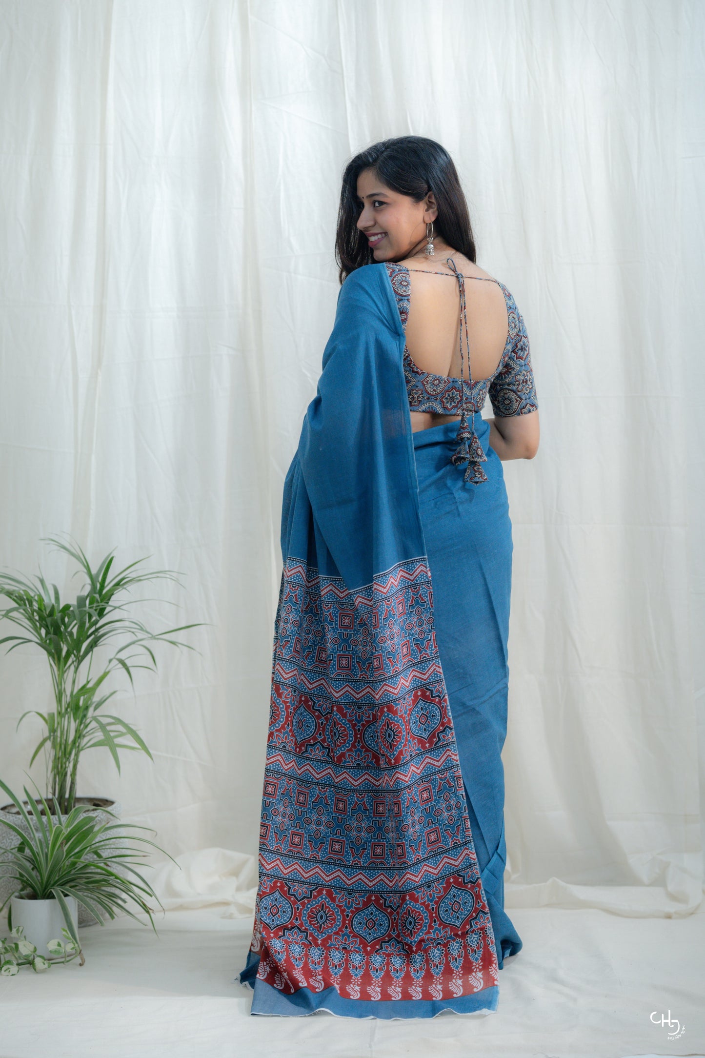 Blue ajrakh pallu saree