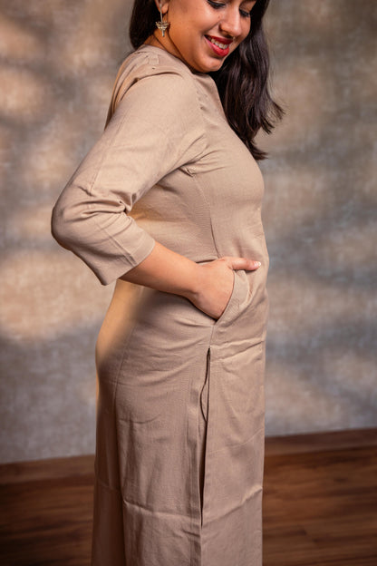 Beige Stand Collar Straight Kurta