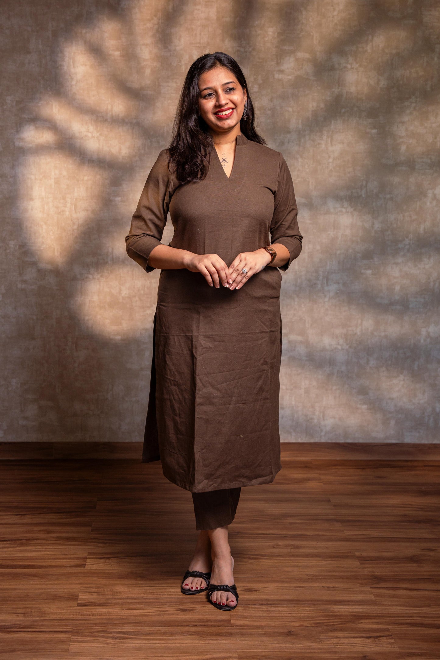Brown Stand Collar Straight Kurta