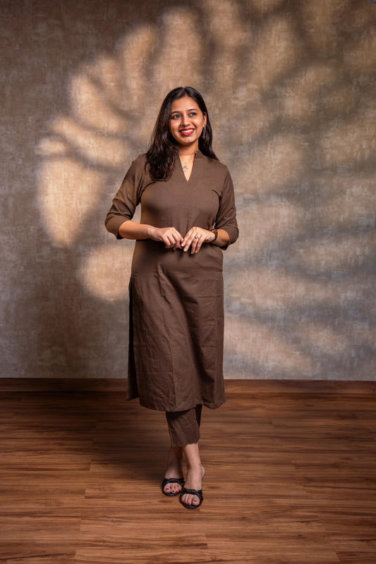 Brown Stand Collar Straight Kurta Set