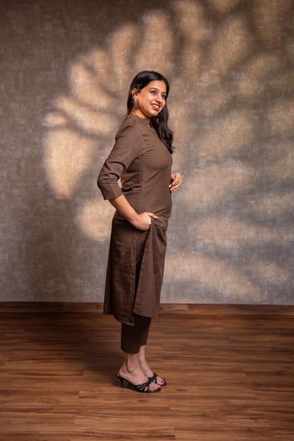 Brown Stand Collar Straight Kurta