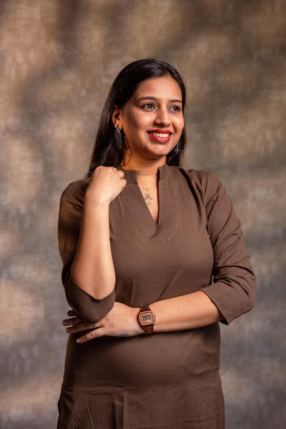 Brown Stand Collar Straight Kurta