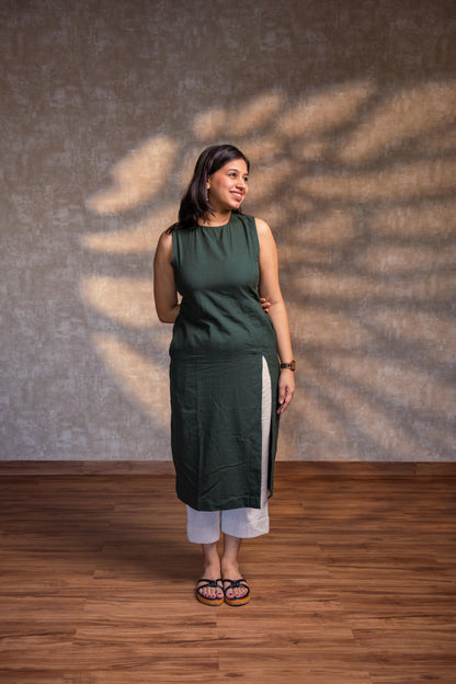 Dark Green Straight Kurta with Slit.