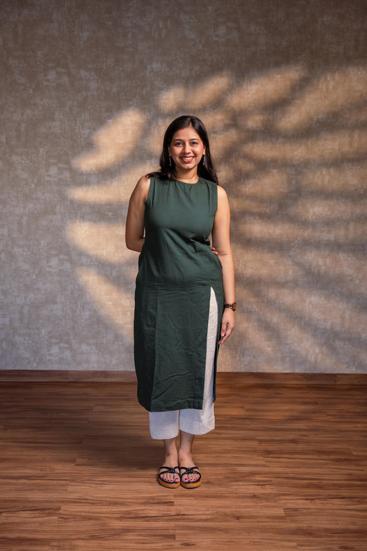 Dark Green Straight Kurta with Slit.
