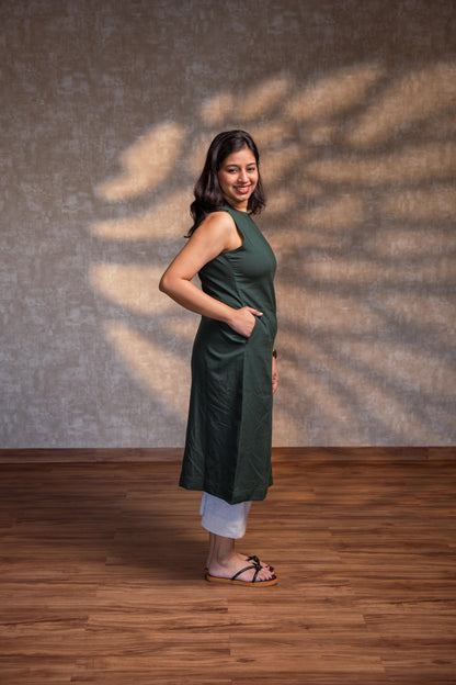 Dark Green Straight Kurta with Slit.