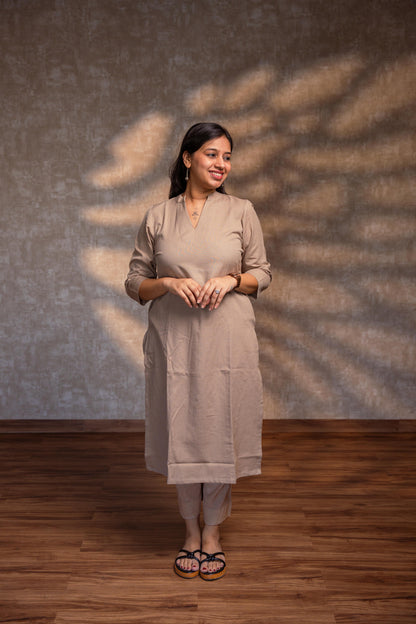 Beige Stand Collar Straight Kurta