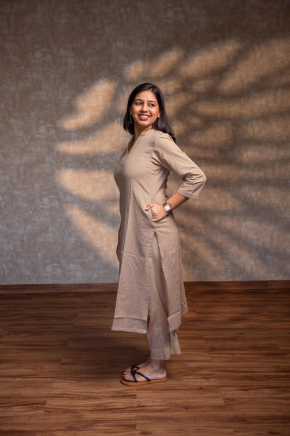Beige Stand Collar Straight Kurta