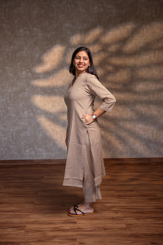 Beige Stand Collar Straight Kurta