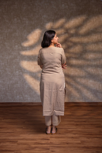 Beige Stand Collar Straight Kurta