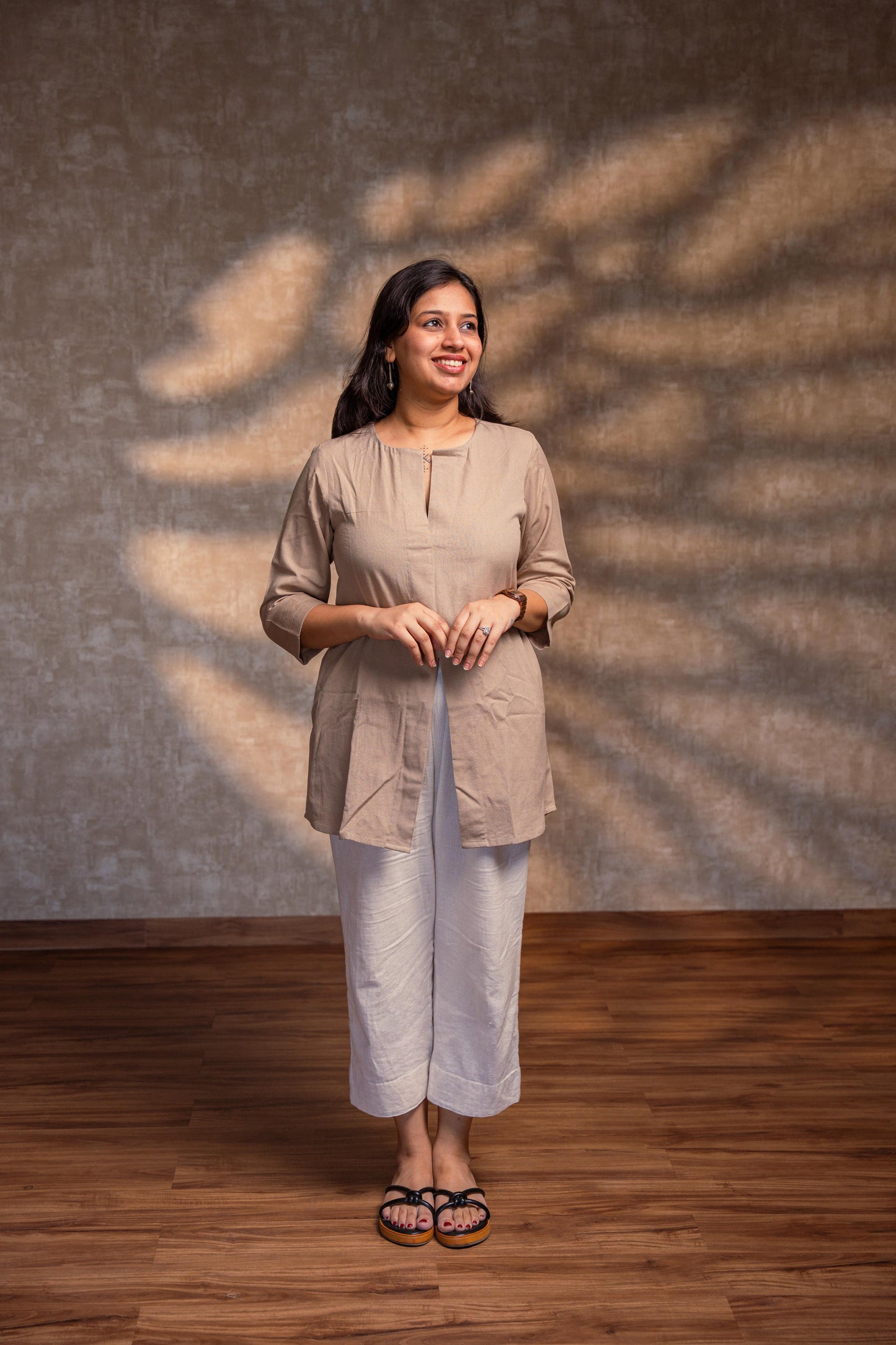 Beige Front Slit Short Kurta