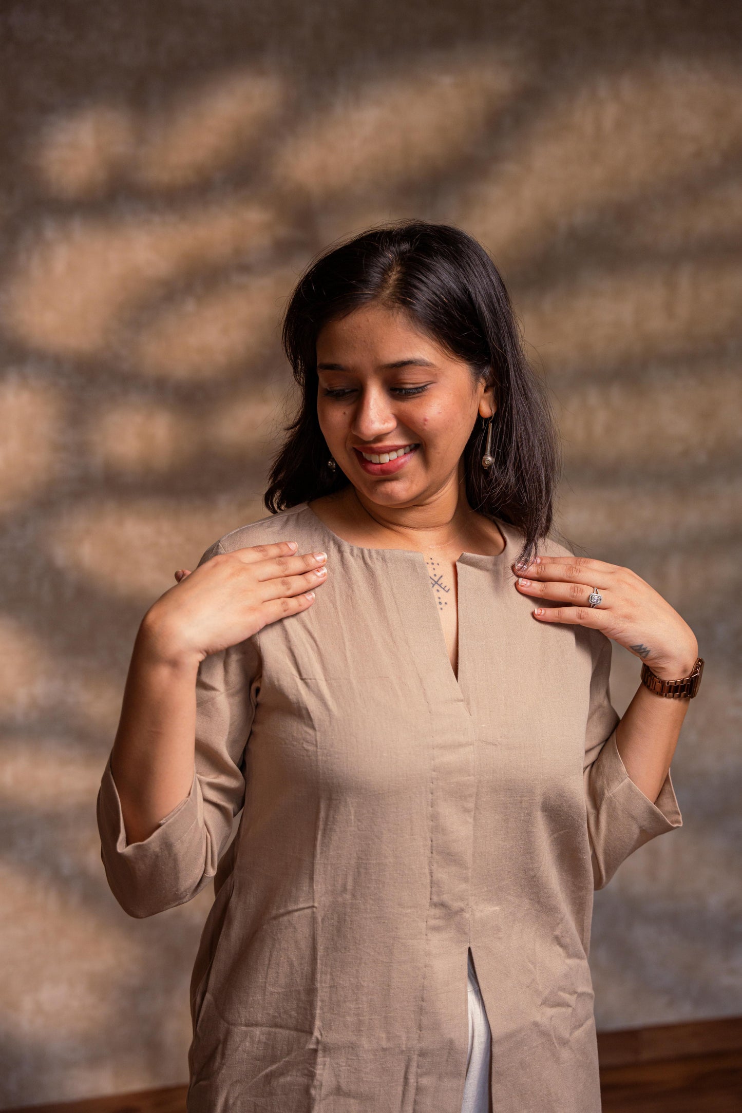 Beige Front Slit Short Kurta