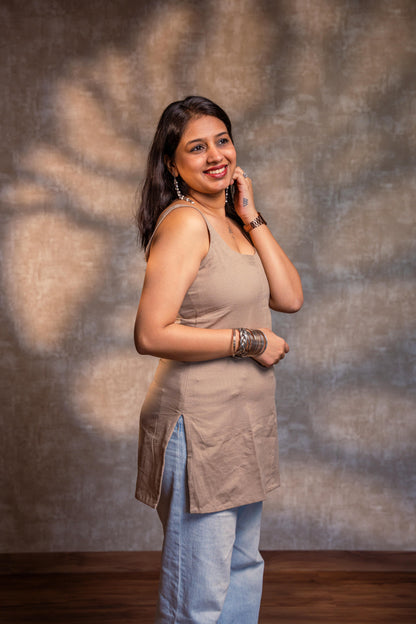Beige Sleeveless Short Kurta