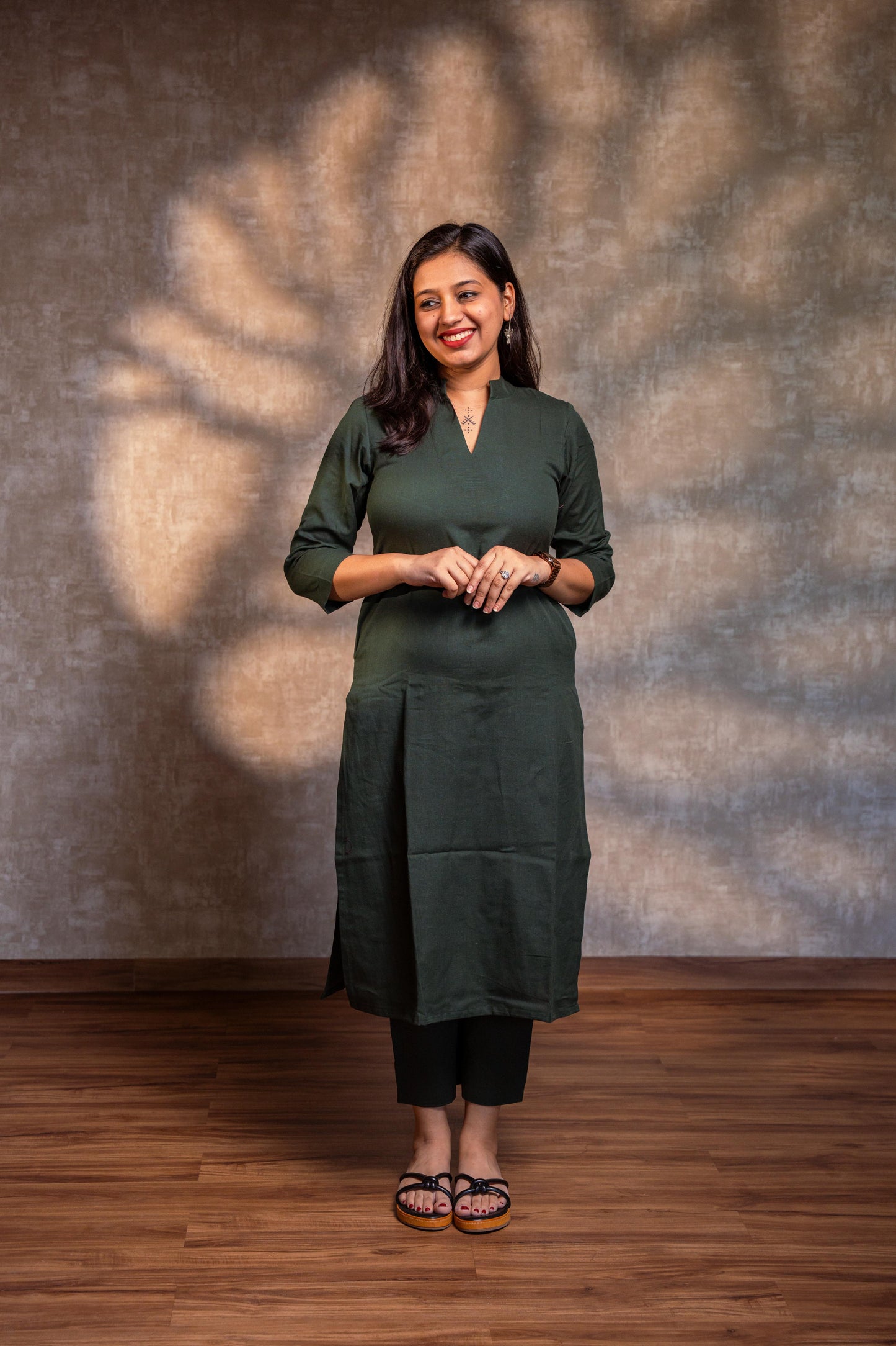 Dark Green Stand Collar Straight Kurta