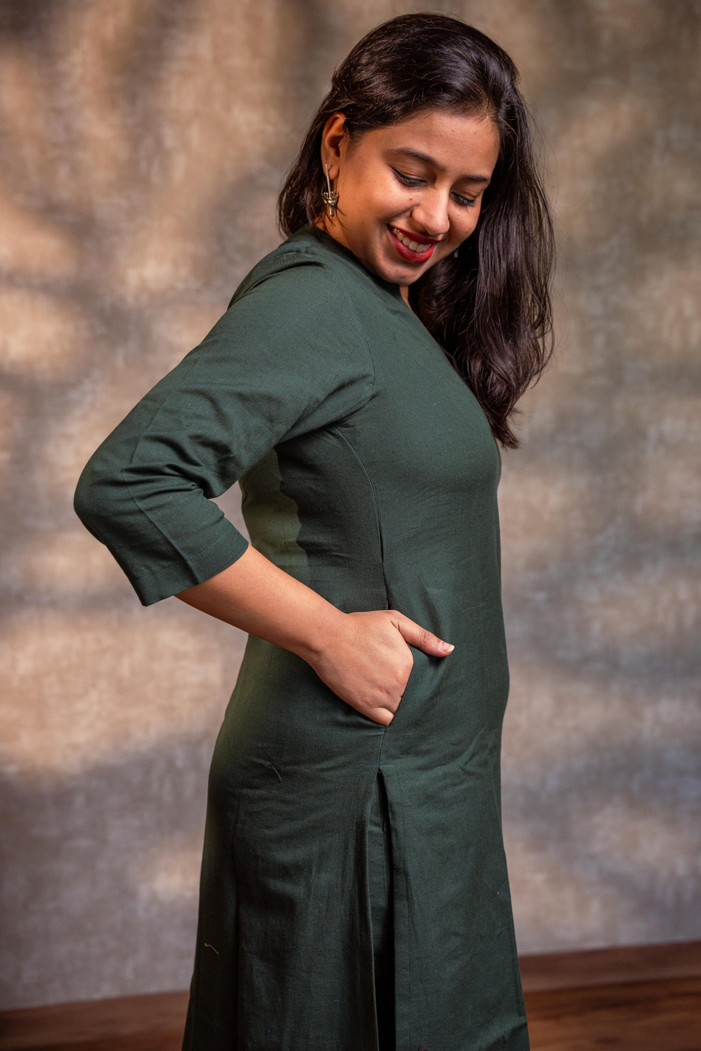 Dark Green Stand Collar Straight Kurta