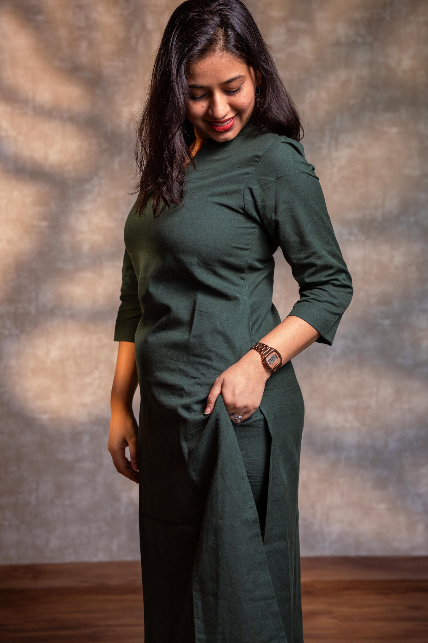 Dark Green Stand Collar Straight Kurta Set