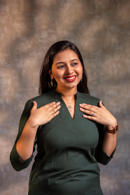 Dark Green Stand Collar Straight Kurta